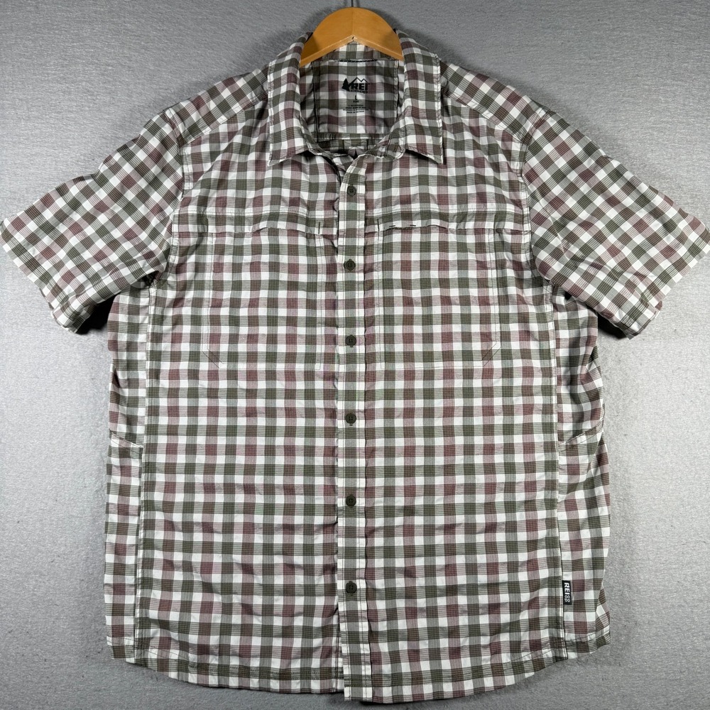 REI Co-op‎ Sahara Mens Large Green Brown Plaid Short Sleeve Hiking Shirt 119107